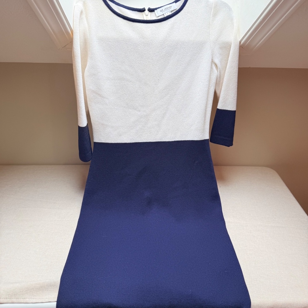 St. John Navy White Colorblock Round Neck 3/4 Sleeves Sheath Dress Size 4 - Picture 5 of 10